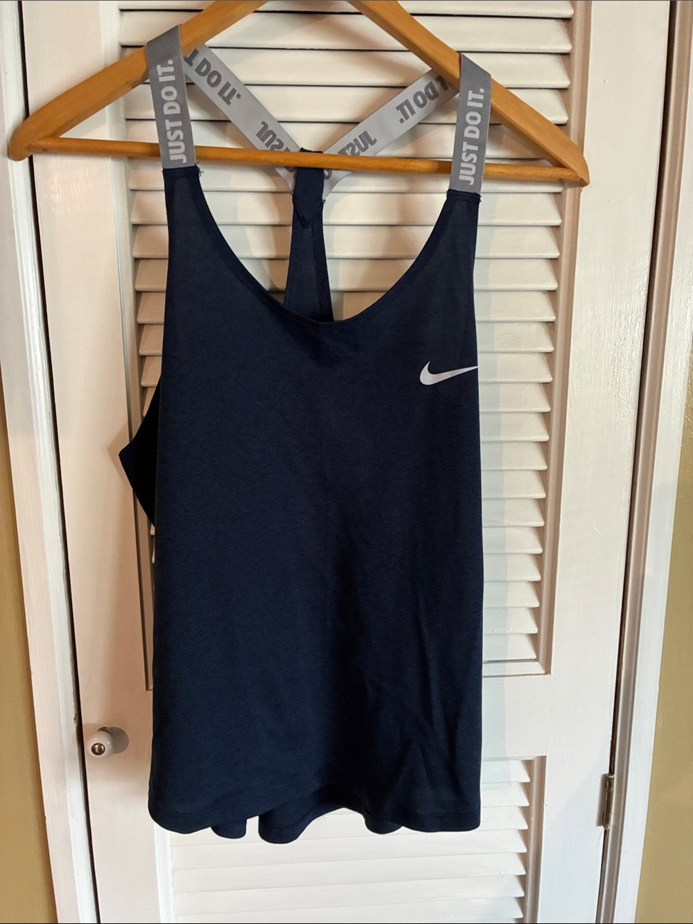 Nike Black Racerback Tank with Gray 'Just Do It' Straps and White Swoosh